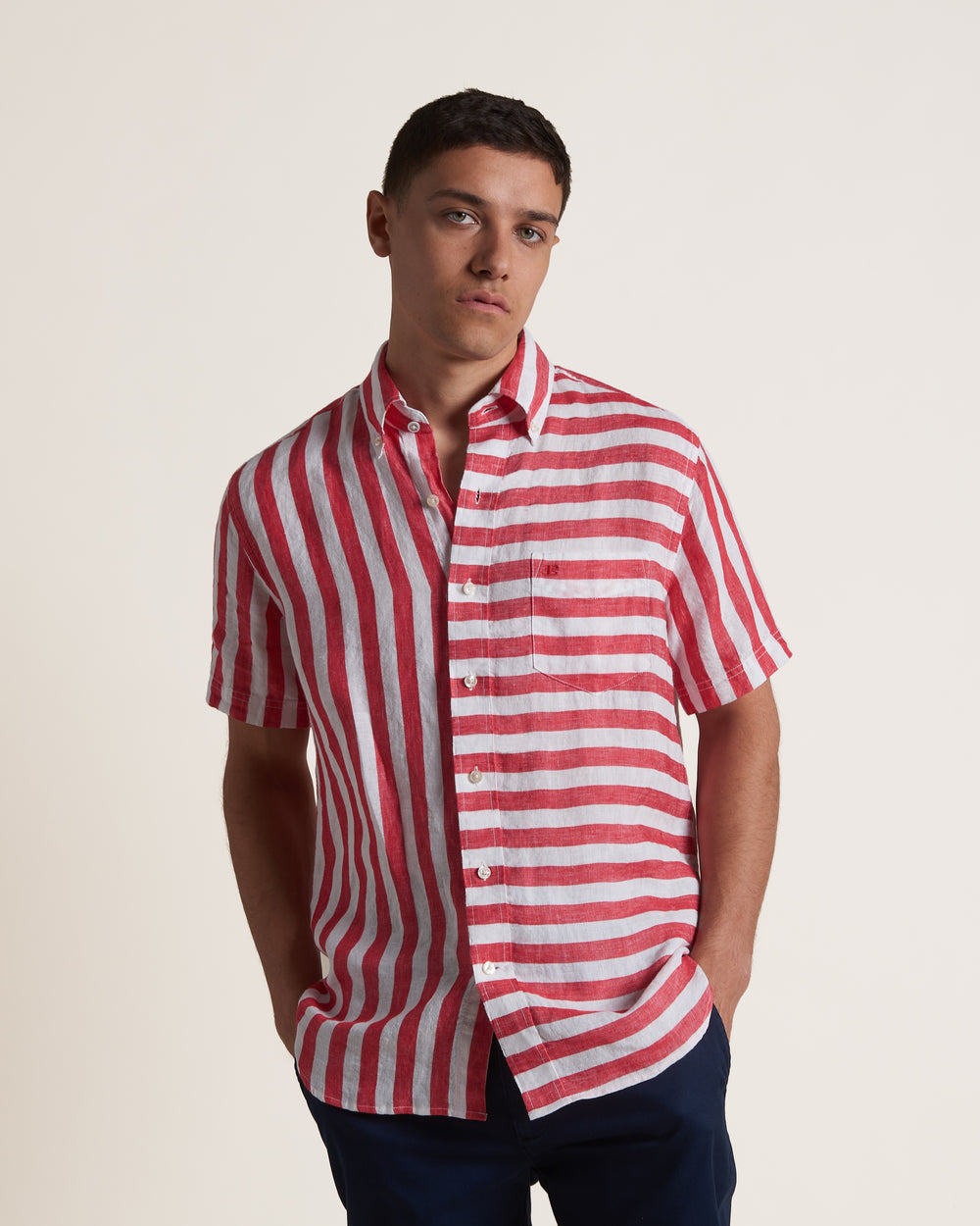 Ben Sherman B by Ben Sherman Candy Stripe Linen Short Sleeve シャツ ピンク 赤 | 930672-VYD