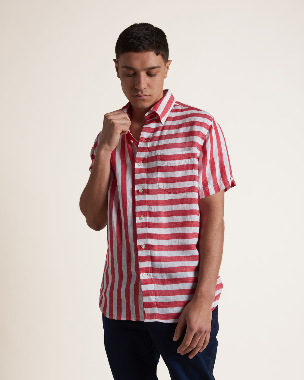 Ben Sherman B by Ben Sherman Candy Stripe Linen Short Sleeve シャツ ピンク 赤 | 930672-VYD