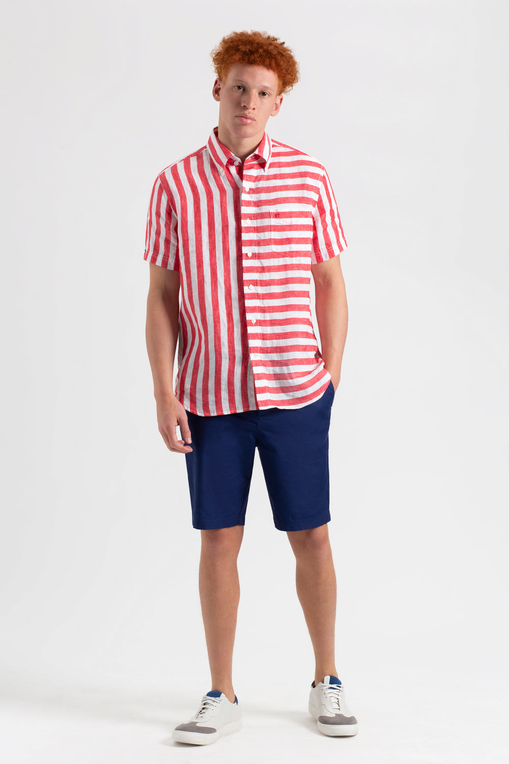 Ben Sherman B by Ben Sherman Candy Stripe Linen Short Sleeve シャツ ピンク 赤 | 930672-VYD