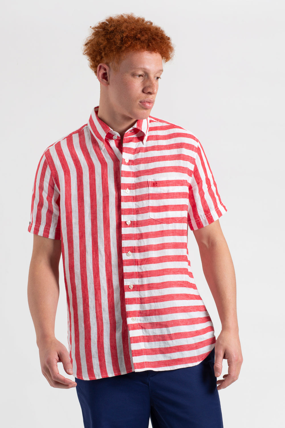 Ben Sherman B by Ben Sherman Candy Stripe Linen Short Sleeve シャツ ピンク 赤 | 930672-VYD