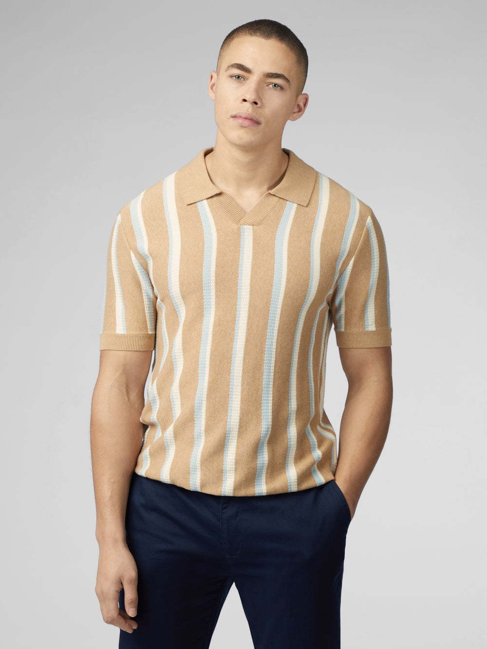 Ben Sherman Vertical Stripe Open Neck Polo ニットウェア グレー | 547182-PVW